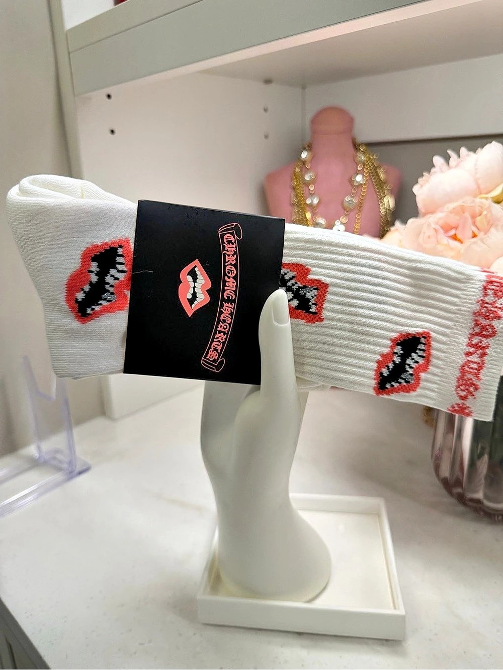 Japan women’s Chrome Hearts Lip Motif Crew Socks White Large NWT